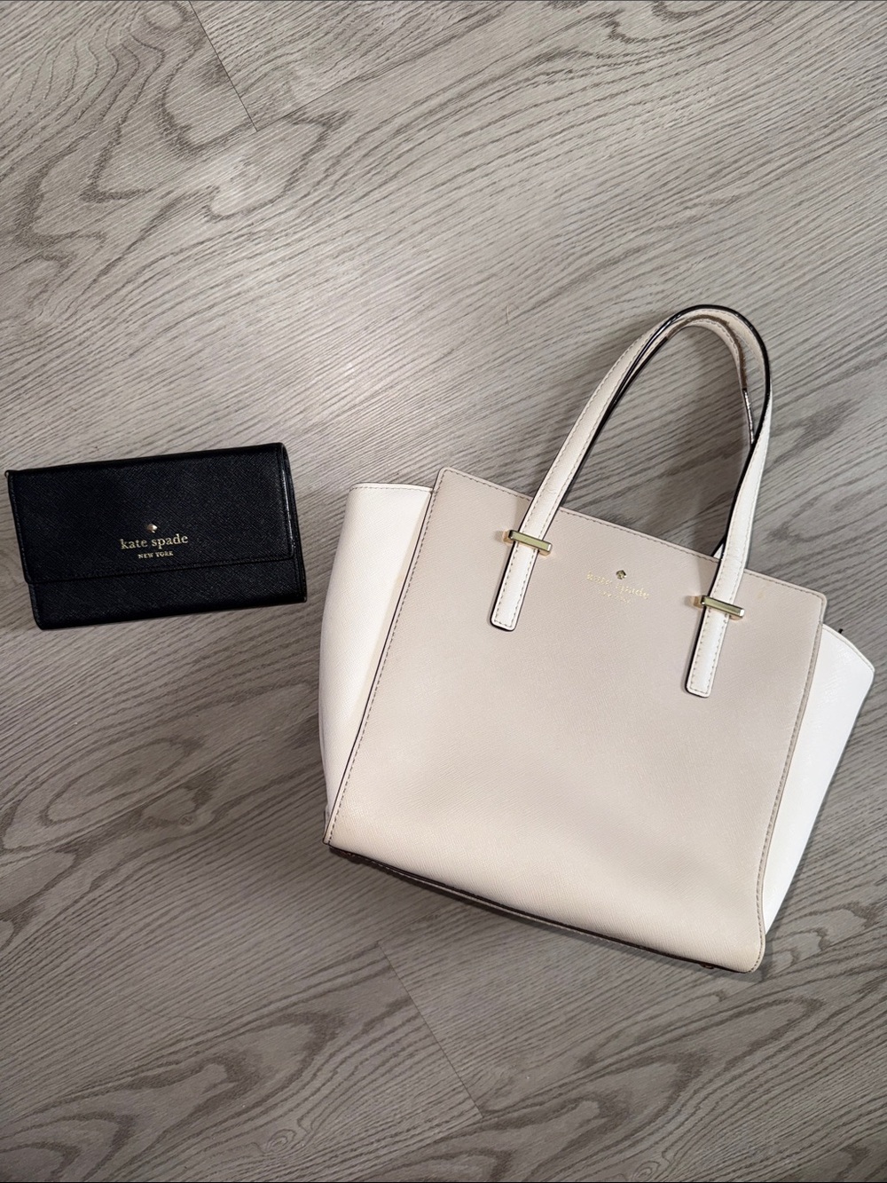 kate spade Taupe and White Leather Tote with Gold Hardware with Wallet